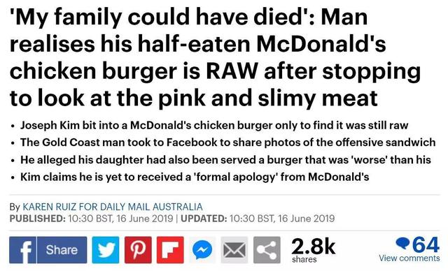 澳男麦当劳买个汉堡，一口咬下去，差点见阎王，里面的肉还是生的